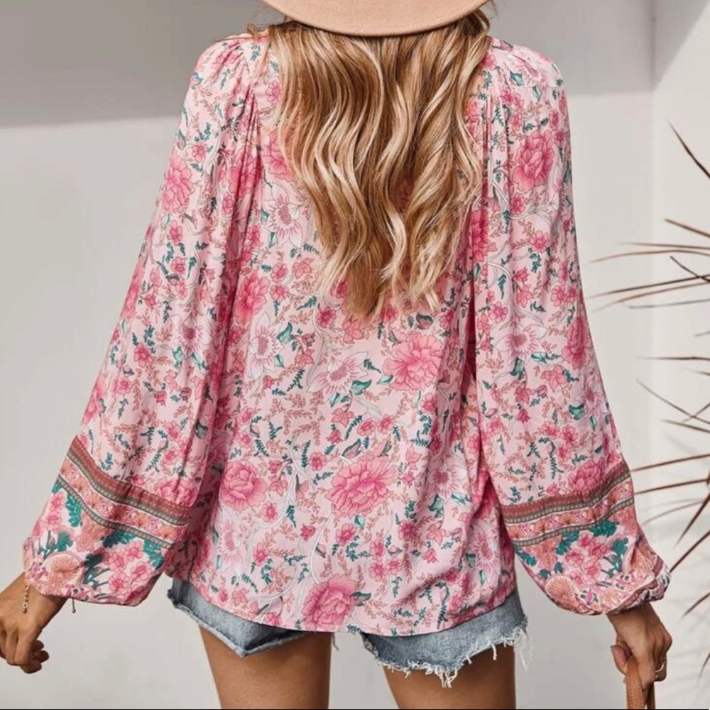 Bohemian Gypsy Mint Floral Print Blouse Top - Picture 3 of 10